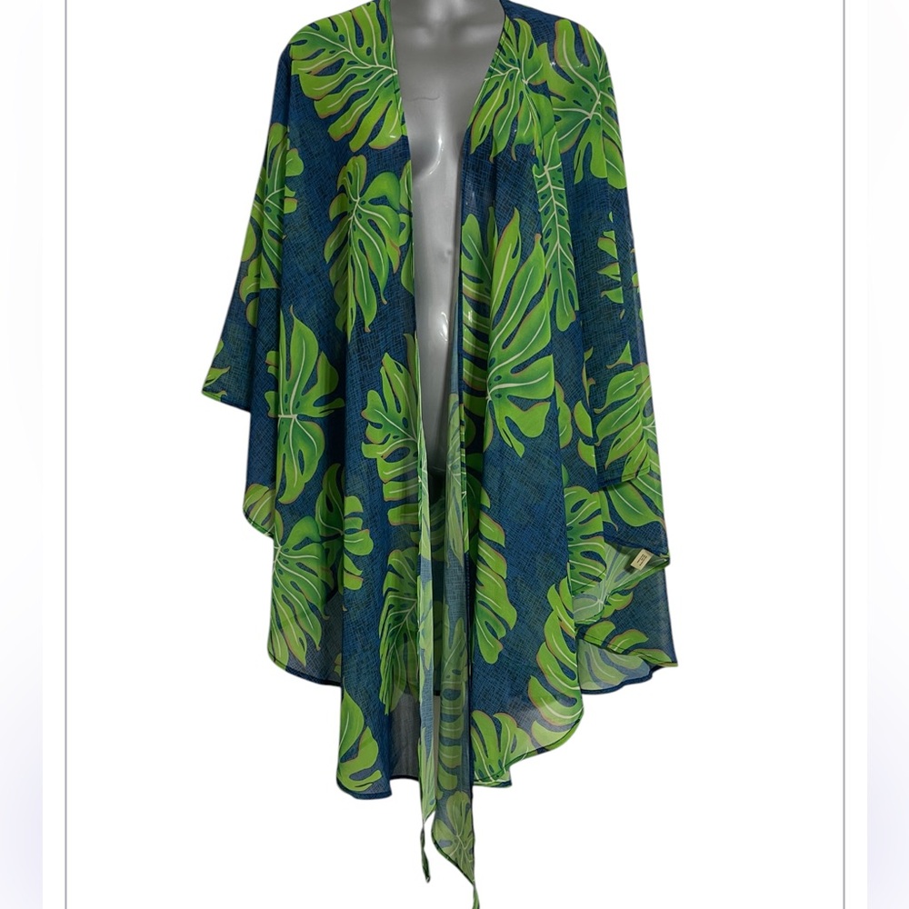Styline Monstera Leaf Tropical Green & Blue Women's Swim Cover-Up Kimono Shawl